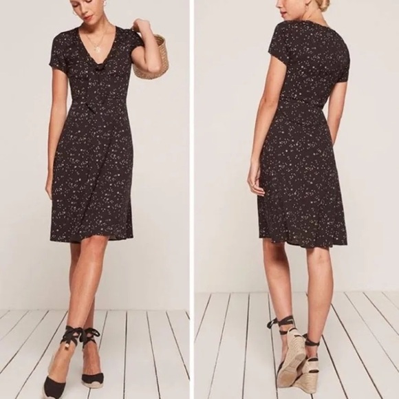 Reformation Dresses & Skirts - Reformation Este Tie Neck Dress A Line Stars Black Gold Mini Size 10 EUC